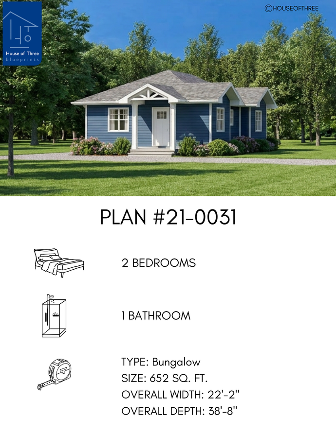 Plan #21-0031 | Bungalow, 2 bedrooms, 1 bathroom, Serene Cottage Getaway