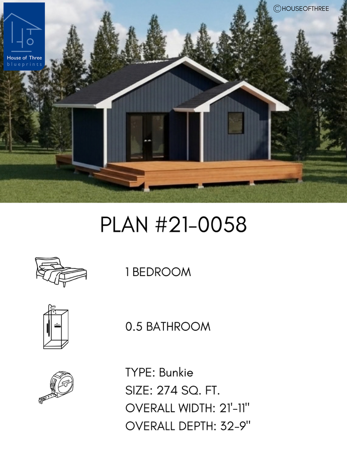 Plan #21-0058 | Bunkie, Guest Accommodation, 1 bedroom, 0.5 bathroom