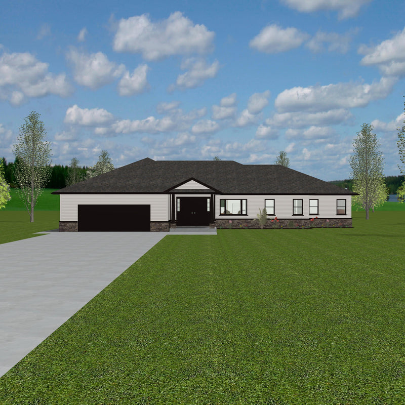 Bungalow with light grey siding, stone veneer. and dark grey shingled hip roof. Large windows and double door entryway with sidelights. Covered front porch with two steps. Black double garage door. 