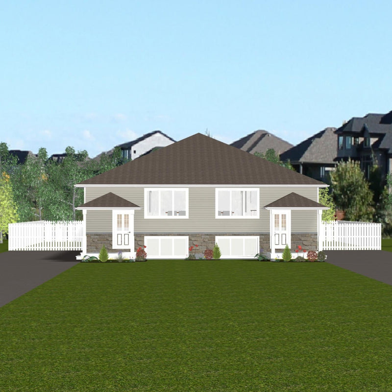 Semi-detached house with tan siding, stone veneer, and brown hip roof. Each side has a two large picture windows and covered porch at entryway. 