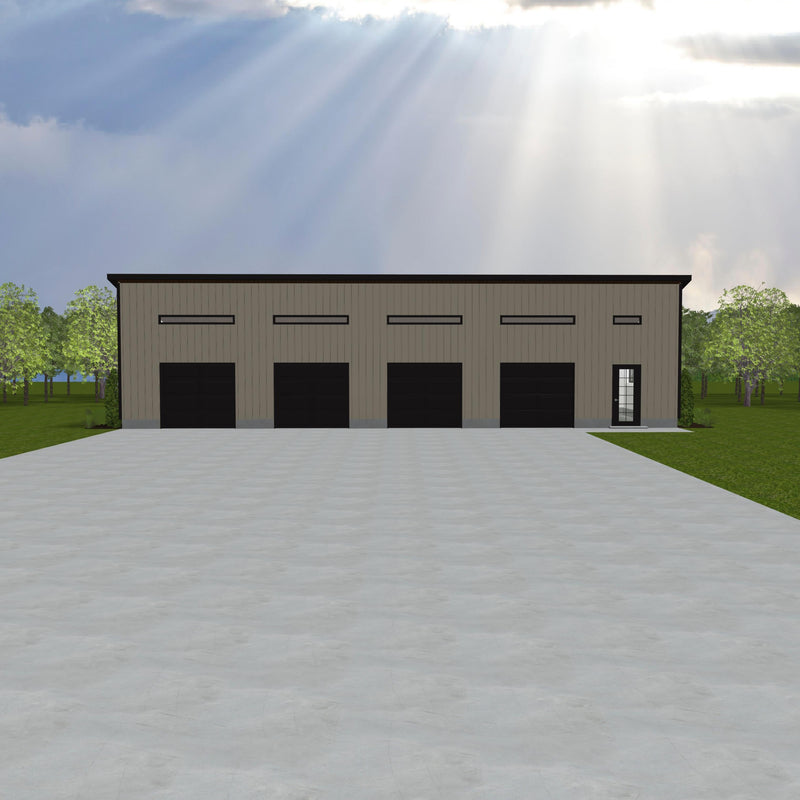 Four bay garage with light tan vertical siding, sloped shed roof and single entryway door far right. Narrow transom windows above each overhead door. 