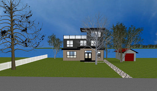 A digital illustration of a two-storey cottage, with a small shed to the right.