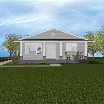 Single-story pale grey siding bungalow with a covered front porch. The house features two front windows and a front entryway and four posts supporting porch roof..