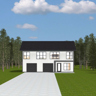 Two storey house with light cream siding, black trim and black gable roof. Four large windows on second floor and 2 single garage doors on ground level. Covered front porch. 