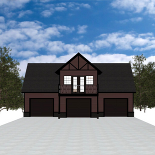 Two storey house with brown siding, dark brown trim and doors, dark grey gable roof. Three single garages doors on  ground level and dormered second level deck featuring double french doors with windows on each side and decorative chalet style gables. 