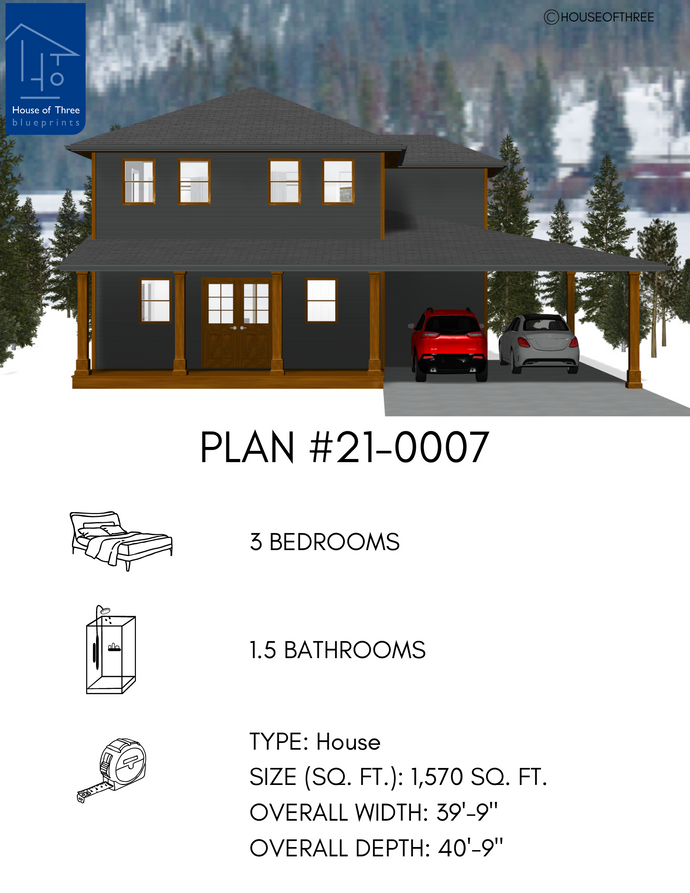 Two storey house with dark grey siding and hip roof, covered porch and carport for two vehicles, supported by wood columns. Double door front entryway and 6 windows.