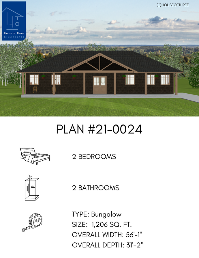 Plan #21-0024 | Bungalow, Slab on Grade, 2 bedroom, 2 bathroom, Cottage