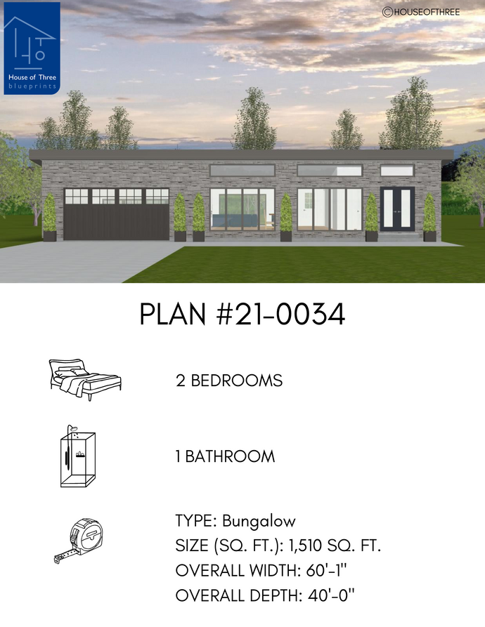 Wide modern style bungalow with natural stone cladding, flat shed roof, double overhead door with mullioned windows. Two large picture windows and double door entryway with full glass lites. Long fixed transom windows above windows and entry door.