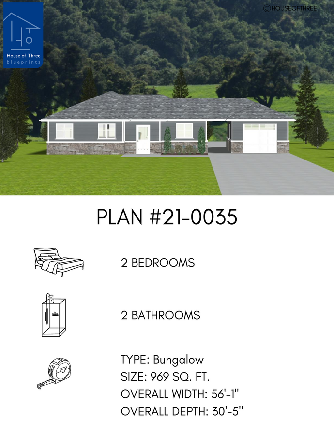 Bungalow with grey siding, white trim, natural stone water table, light grey shingled hip roof. Front of house has three large windows, single entryway door. Detached single car garage is connected to house with covered breezeway.