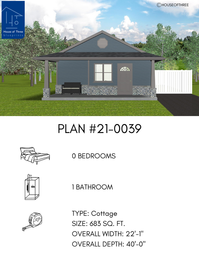 Small bungalow with medium blue siding, grey trim, stone watertable and dark grey shingled roof. Small recess with bench, large window,  single entryway door. Covered porch extends  width of house. Octagon louver vent in gable end of roof.