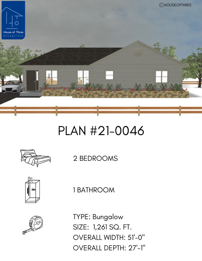 Plan #21-0046 | Bungalow, Slab on Grade, Cottage, 2 bedroom, 1 bathroom