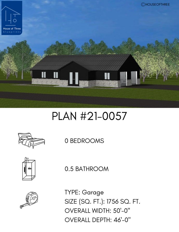 Plan #21-0057 | Garage, 0.5 bathroom, Office, Slab on Grade, Workshop