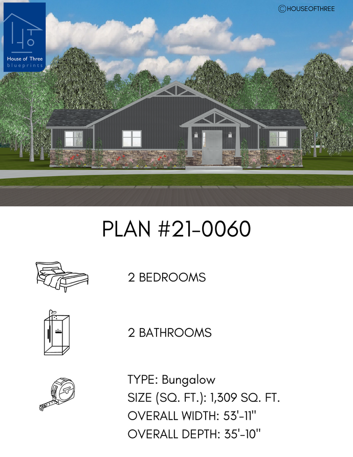 Plan #21-0060 | Bungalow, 2 bedroom, 2 bathroom, Cottage