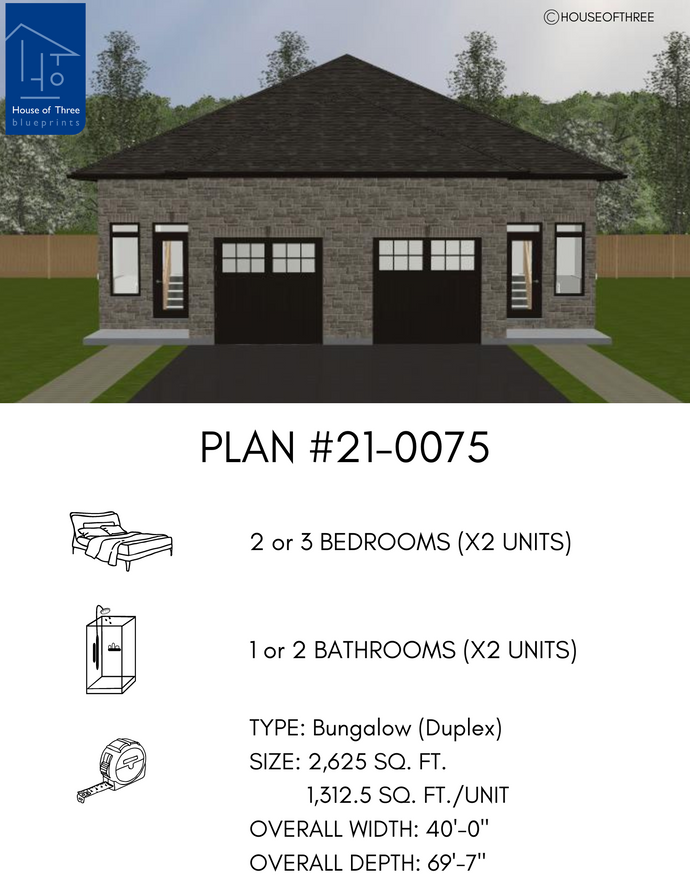 Plan #21-0075 | Bungalow, Semi-Detached Duplex, 2 or 3 bedroom, 1 or 2 bathroom, Attached Garage
