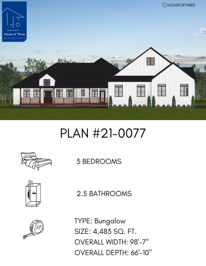 Plan #21-0077 | Bungalow, Attached Garage, Modern Style, 3 bedroom, 2.5 bathroom