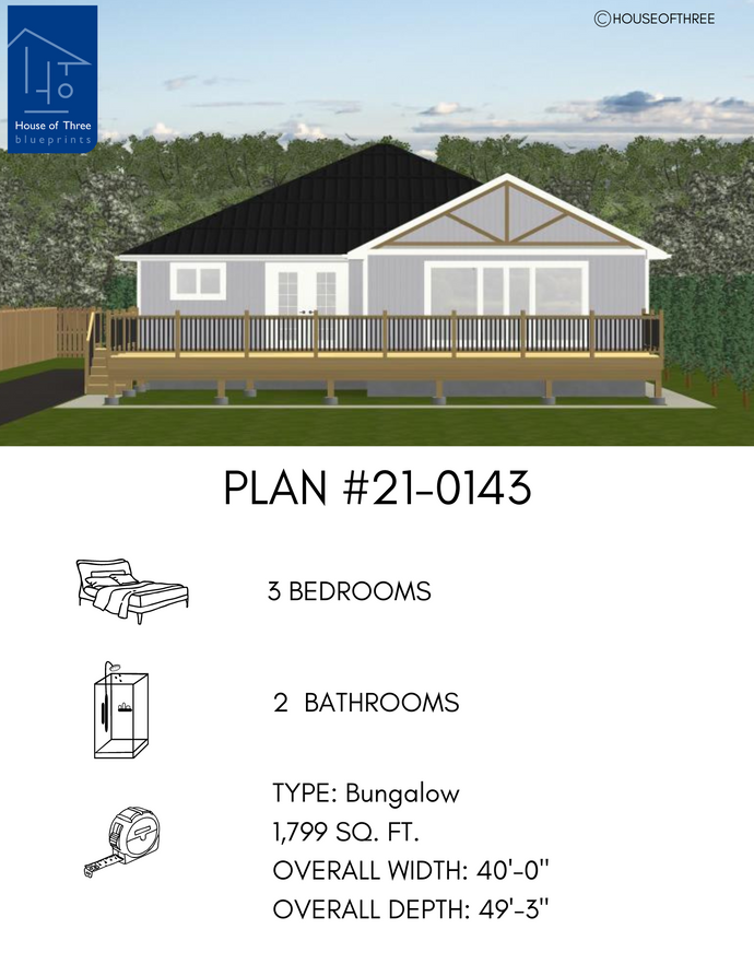 Plan #21-0143 | Bungalow, Large Deck, 3 bedroom, 2 bathroom