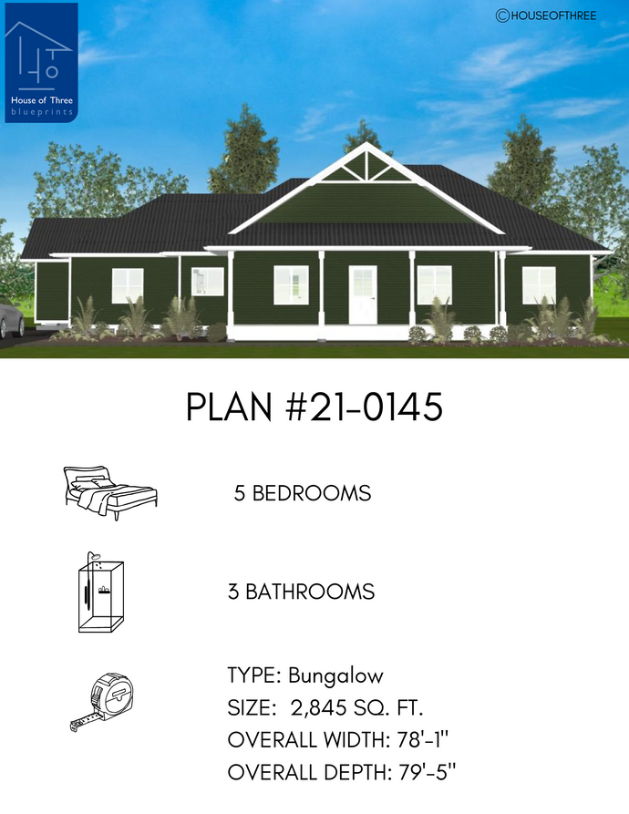 Plan #21-0145 | Bungalow, Attached Garage, Family Home, 5 bedroom, 3 bathroom
