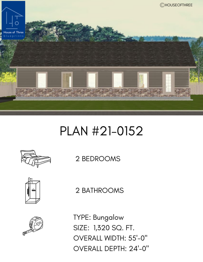 Plan #21-0152 | Bungalow, 2 bedroom, 2 bathroom