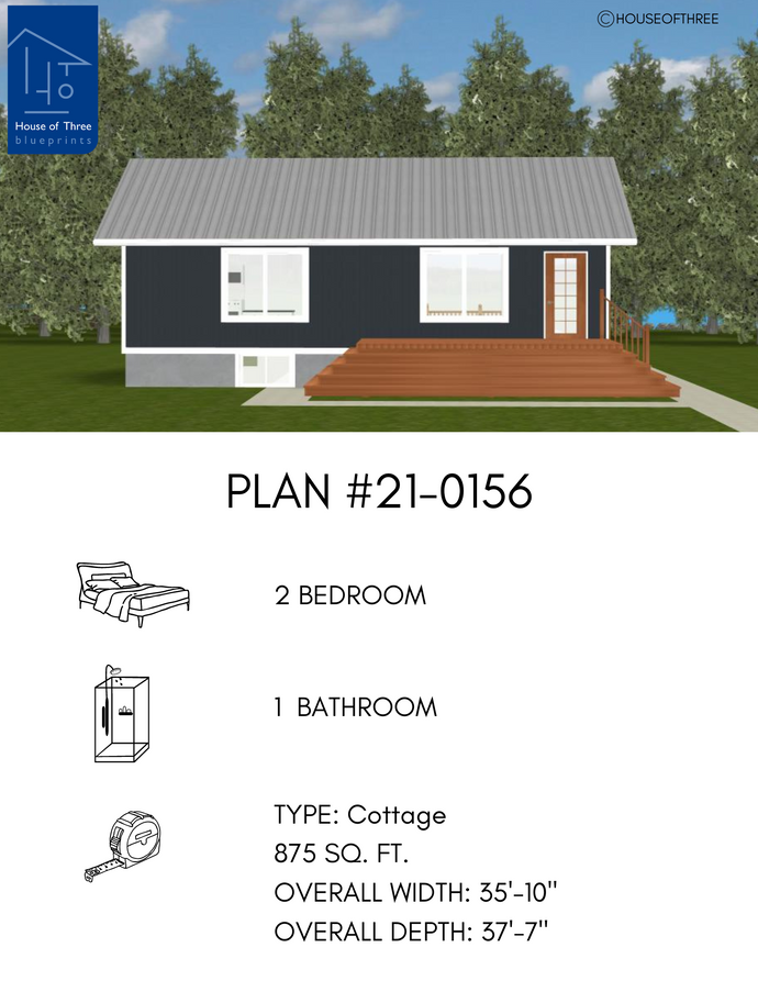 Plan #21-0156 | Bungalow, 2 bedroom, 1 bathroom