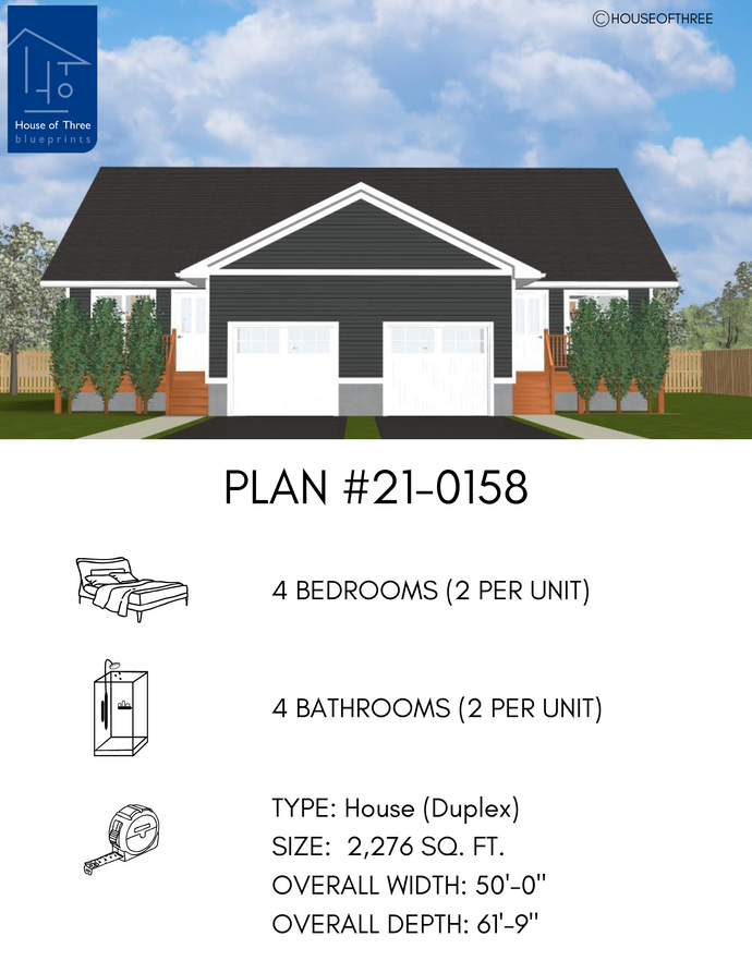 Plan #21-0158 | Semi-Detached Bungalow, Attached Garage, 2 bedroom, 2 bathroom