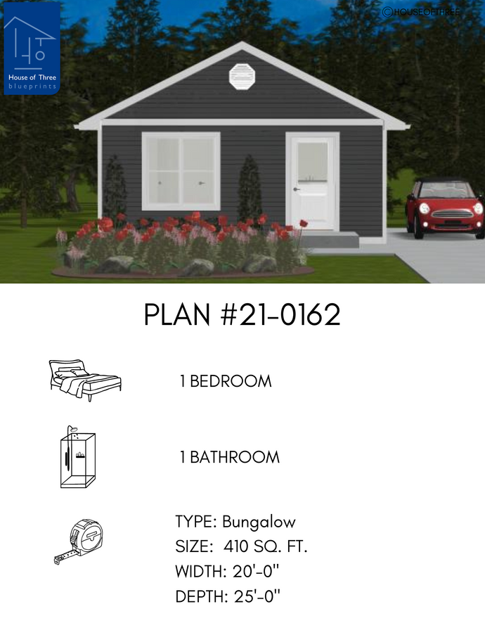 Plan #21-0162 | Bungalow, Slab on Grade, Vacation House, 1 bedroom, 1 bathroom
