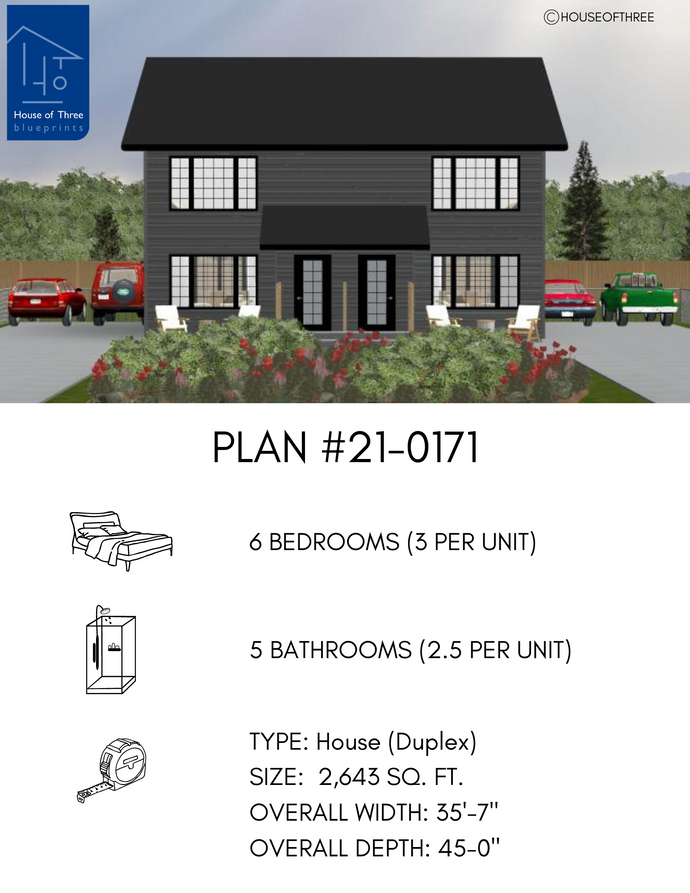 Plan #21-0171 | 2 Storey, Duplex, 3 bedroom, 2.5 bathroom
