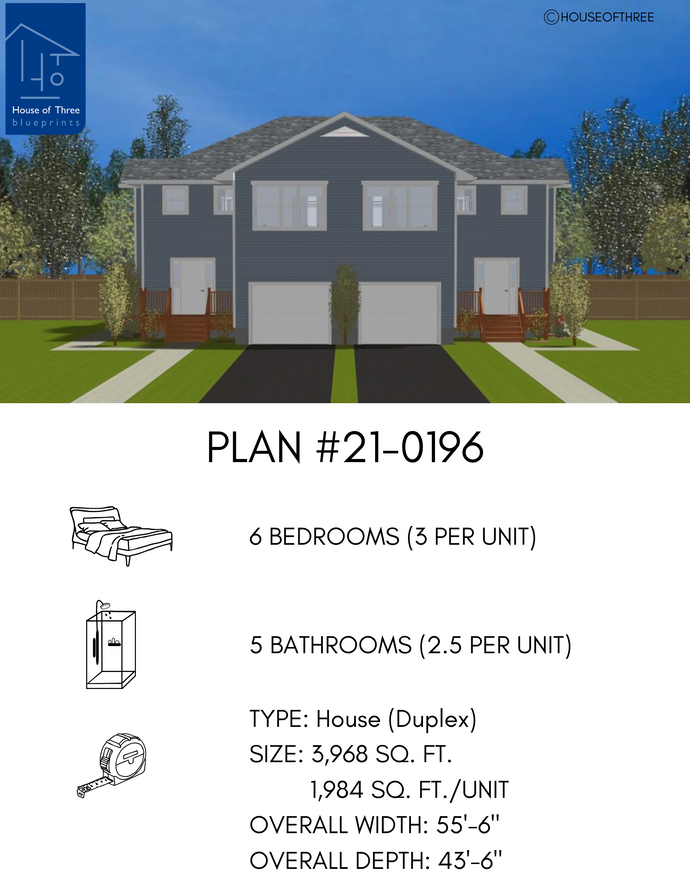 Plan #21-0196 | 2 Storey, Semi-Detached Duplex, Attached Garage, 3 bedroom, 2.5 bathroom