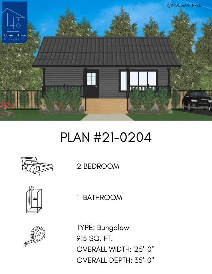 Plan #21-0204 | Bungalow, Open concept, 2 bedroom, 1 bathroom