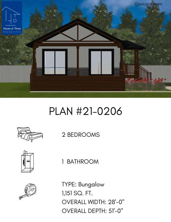 Plan #21-0206 | Bungalow, Covered Patio, Open concept, 2 bedroom, 1 bathroom