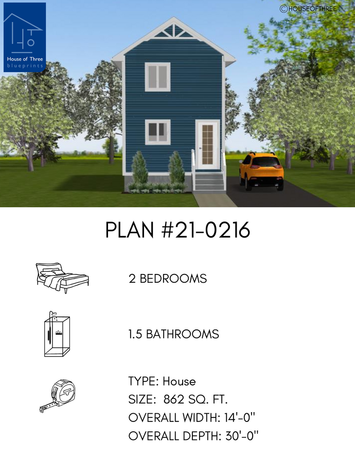 Plan #21-0216 | 2 Storey, House, 2 bedroom, 1.5 bathroom