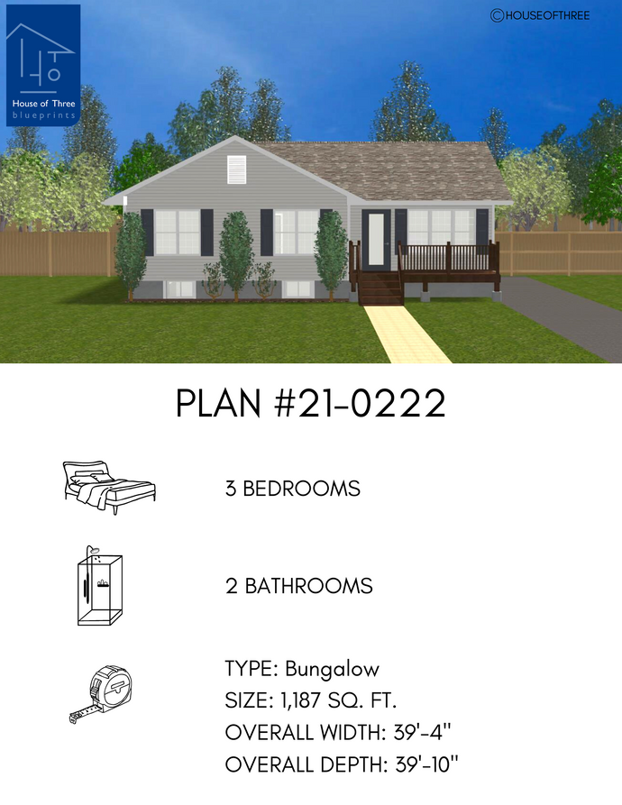 Plan #21-0222 | Bungalow, Family Home, 3 bedroom, 2 bathroom
