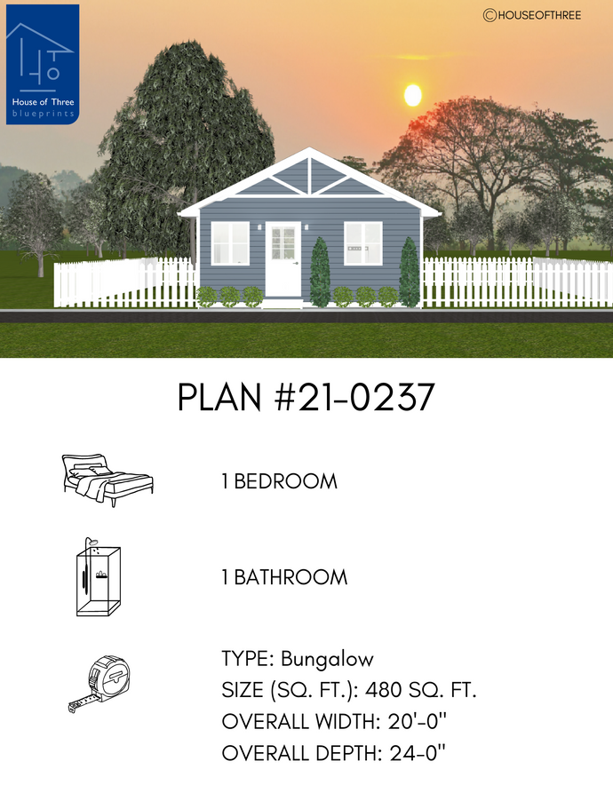 Plan #21-0237 | Bungalow, Slab on Grade, Guest House, 1 bedroom, 1 bathroom