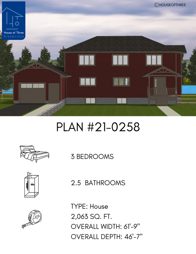Plan #21-0258 | 2 Storey, Attached Garage, 3 bedroom, 2.5 bathroom