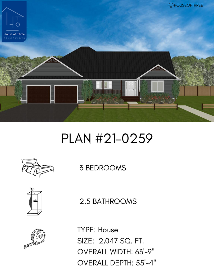 Plan #21-0259 | Bungalow, Attached Garage, 3 bedroom, 2.5 bathroom