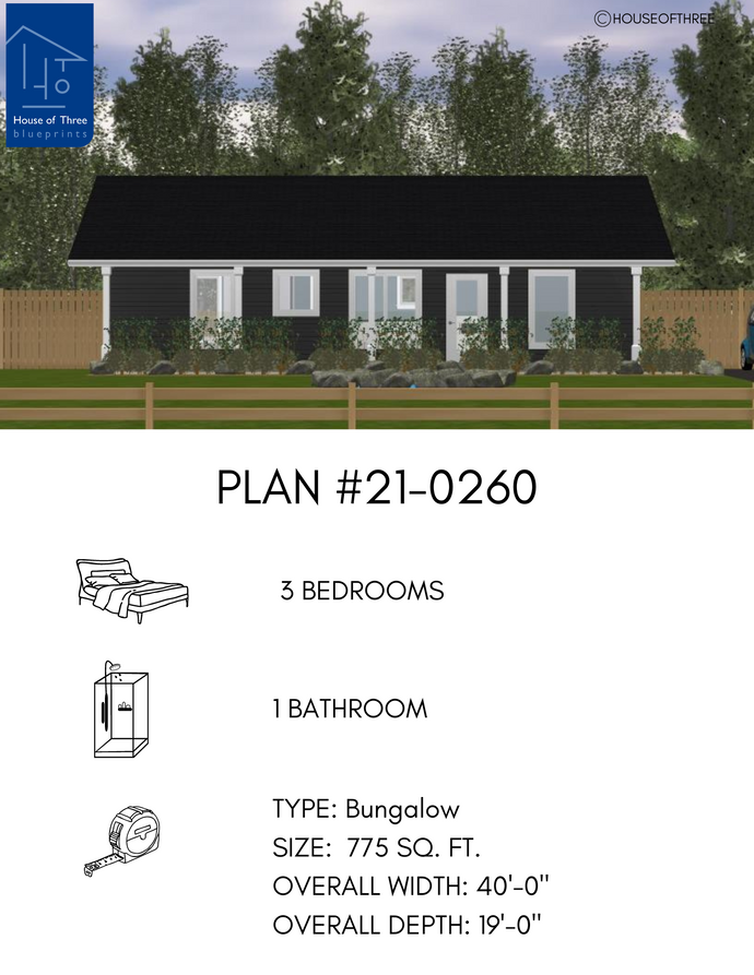 Plan #21-0260 | Bungalow, 3 bedroom, 1 bathroom