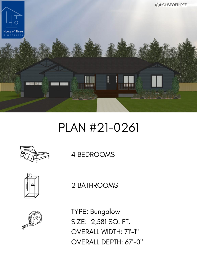 Plan #21-0261 | Bungalow, Attached Garage, 4 bedroom, 2 bathroom