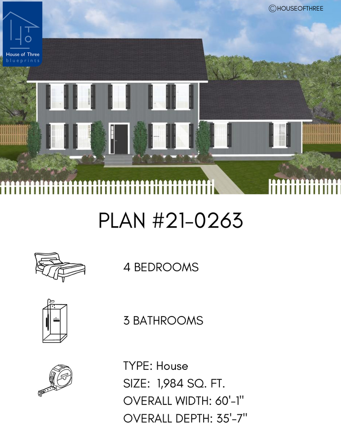 Plan #21-0263 | Classic Two-storey Home, 4 Bedrooms, 3 Bathrooms
