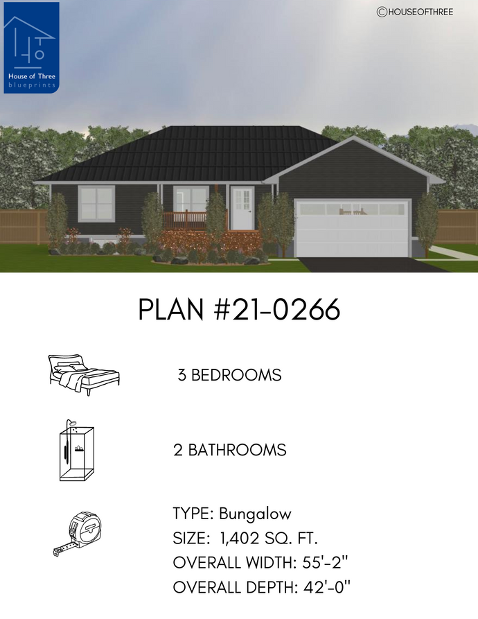 Plan #21-0266 | Bungalow, Attached Garage, 3 bedroom, 2 bathroom