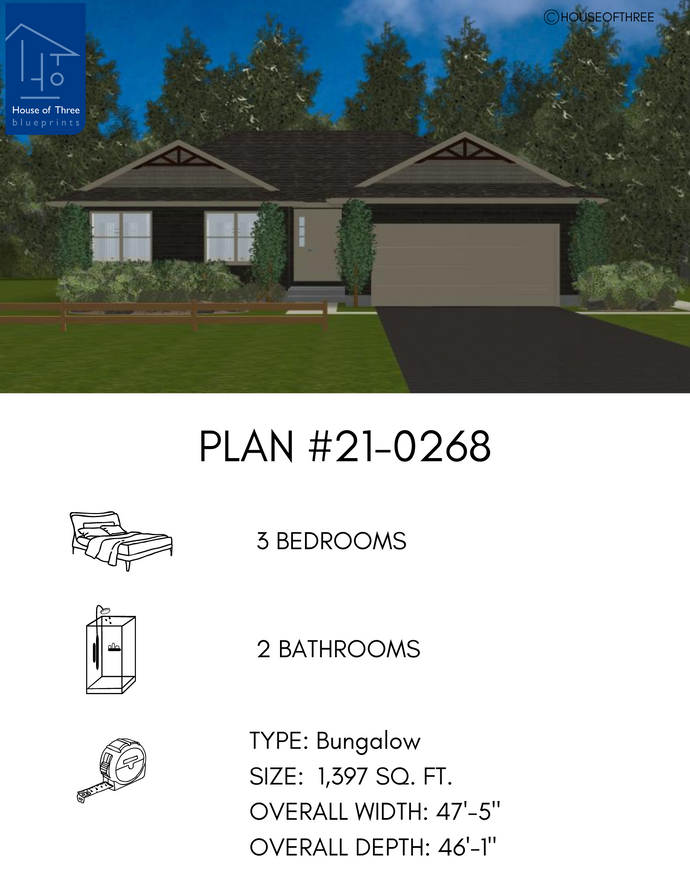 Plan #21-0268 | Bungalow, Attached Garage, 3 bedroom, 2 bathroom