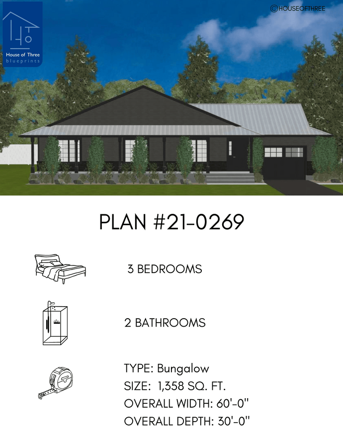 Plan #21-0269 | Bungalow, Attached Garage, Open concept, 3 bedroom, 2 bathroom