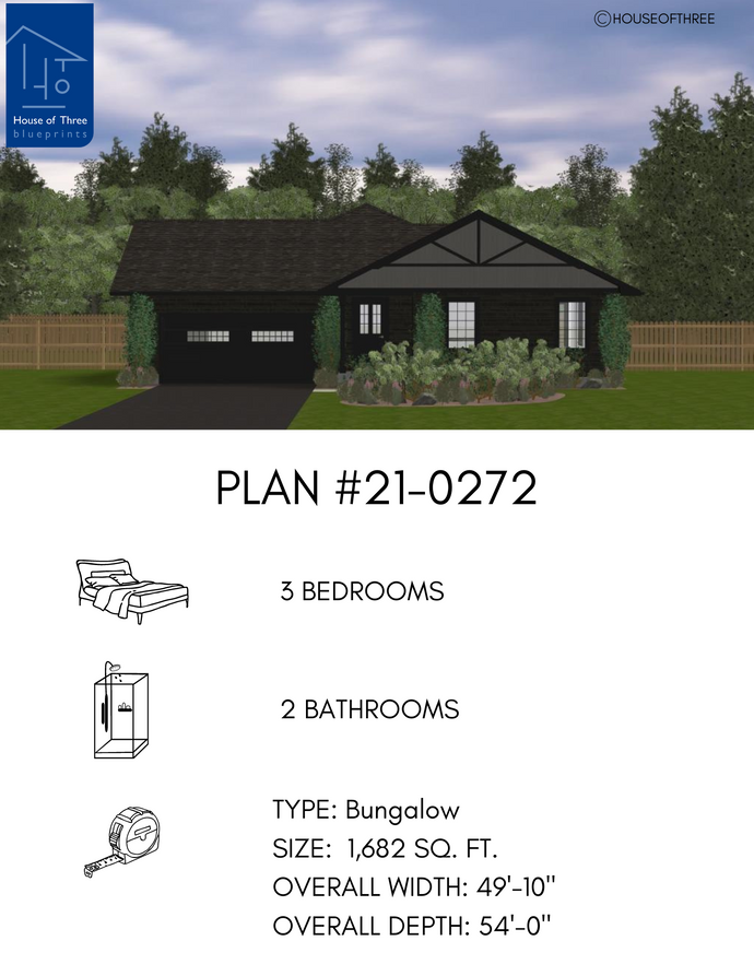 Plan #21-0272 | Bungalow, Attached Garage, Open concept, 3 bedroom, 2 bathroom