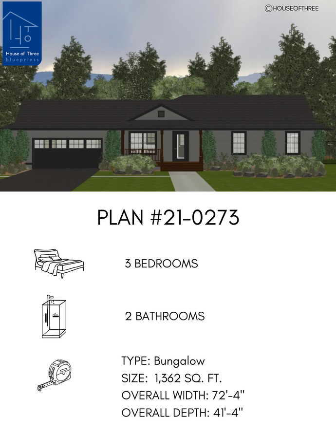 Plan #21-0273 | Bungalow, Main Floor Laundry, Clutter-free Living Space, 3 Bedrooms