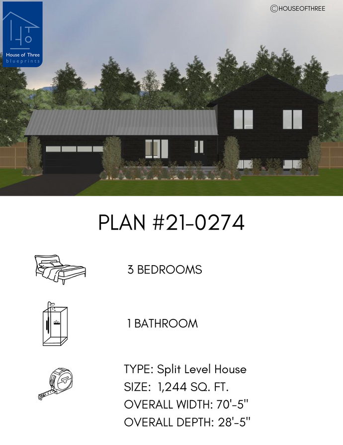 Plan #21-0274 | Split-level Home, Spacious Layout, Main Floor Laundry, 3 Bedrooms