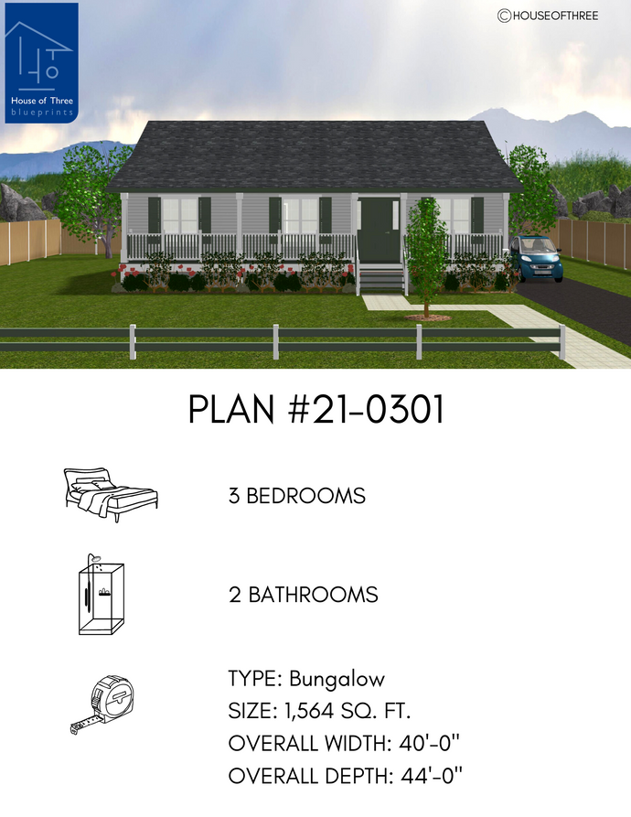 Plan #21-0301 | Bungalow , 3 Bedrooms, 2 Bathrooms , Perfect for Families