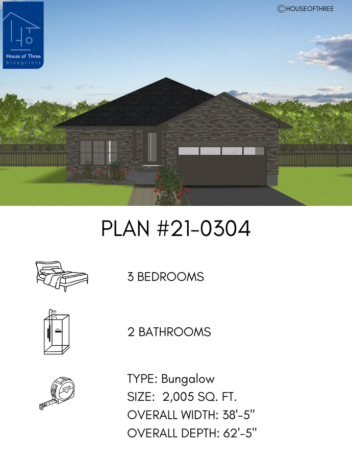 Plan #21-0304 | 3 Bedrooms, 2 Bathrooms , Unfinished Basement , Bungalow