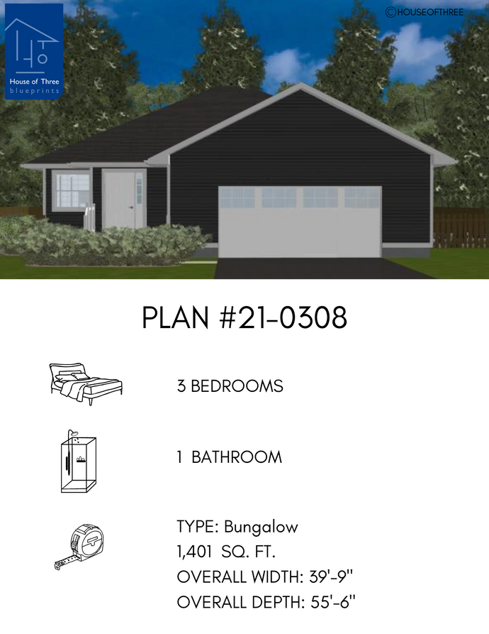 Plan #21-0308 | Bungalow, Attached Garage, 3 bedroom, 1 bathroom
