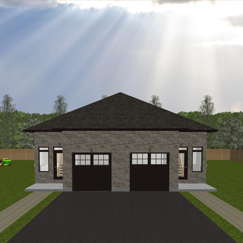 Plan #21-0075 | Bungalow, Semi-Detached Duplex, 2 or 3 bedroom, 1 or 2 bathroom, Attached Garage