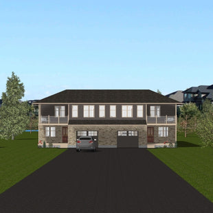 Two storey semi-detached house with grey siding, stone veneer and tan trim. Each side has a covered front porch and covered second floor deck, multiple windows and single garage doors.
