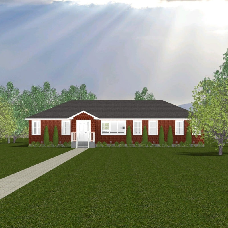 Single storey red brick bungalow with white trim and dark grey shingled hip roof. Six windows, large picture window and entryway with sidelight. Concrete porch with three steps and white spindle railings.  