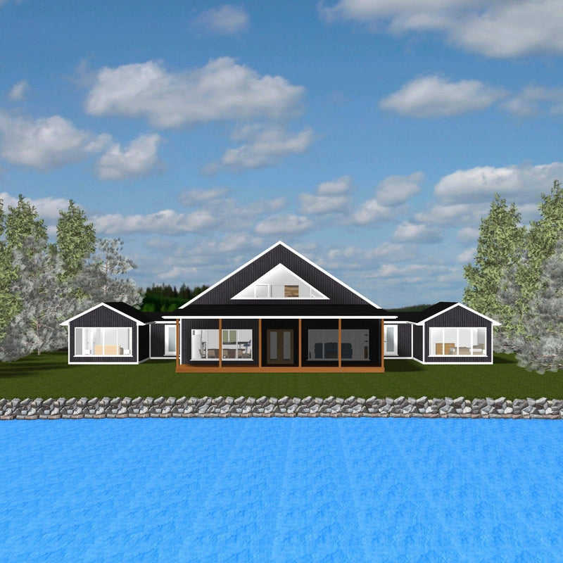 One and a half storey house with a gabled roof. Triangular window in loft gable and large picture windows and covered screen porch on main floor. Single storey annex with large window on each side of main house. 